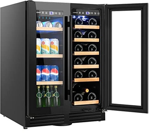 COSTWAY Dual Zone Wine Beverage Refrigerator, 120L Double Door Commercial Bottle Fridge with LED Lighting, 2 Independent Control Zones, Removable Shelves & Safety Lock, Back Bar Drink Fridge
