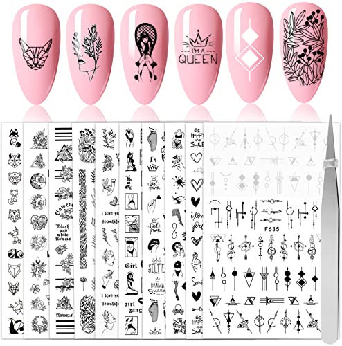 Nagelsticker Selbstklebend, 10 Blätter Nagel Aufkleber mit 1 Pinzette, 3D Schwarz und Weißen Nagel Stickers für Frauen Mädchen DIY Maniküre Dekoration Nageldesign