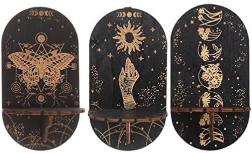 Cabilock 3 Stücke Holz Kristall Regal Wand Montiert Kristall Ständer Ätherische Öle Mondphase Regal Mond Sonne Heilsteine Halter Boho Regal Dekor Für Wohnzimmer, G13392Z15I9, 21.5x11.6cm