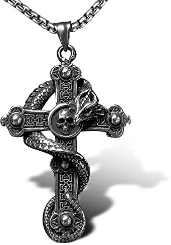 bahamut Mens Dragon Skull Cross Pendant Necklace for Men Stainless Steel Gothic Vintage Dragon Jewellery with Chain (Silver Dragon Cross)