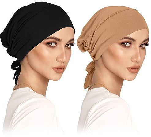 2 Pack Turban Damen Frauen Undercap Hijab Cap Unterschal Klassische Slouch Beanie Mütze Islamische Muslimische Mit Tie Back Kopfbedeckung Chemo Kopftuch Schlafmütze (Schwarz+Kamel)