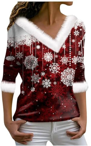 Generisch Ugly Christmas Sweater, Damen Weihnachtspullover Plüschkragen V-Ausschnitt Weihnachten Bedrucktes Langarm Party Top Sweatjacke Mit Kapuze Lichterkette Grosse Grösse Weihnachts (S, Deep Red)