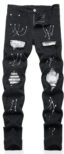 OIIIO Men's Patch Ripped Stretch Regular Fit Jean, 6651 Black, 34