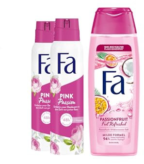 Fa Duschgel Passionsfrucht Feel Refreshed (250 ml) Duschpflege Duft von Passionsfrucht & Kokosnusswasser & Deospray Pink Passion (2x 150 ml) süßer Duft der pinken Rose 48 h Deo-Schutz