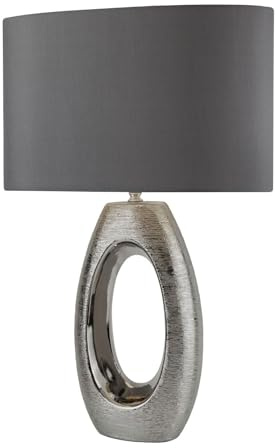 Licht-Erlebnisse Nachttischlampe Grau Chrom 61 cm hoch E27 Stoff Keramik Modern Tischlampe Schlafzimmer Tischleuchte Wohnzimmer