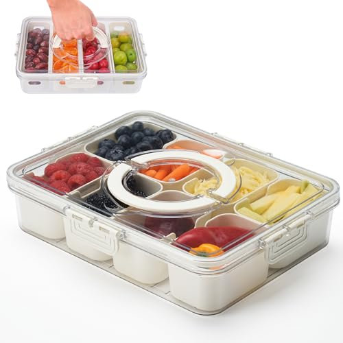 Snack Box, Snackle Box with Lid, Divided Serving Tray with Lid and Handle, Snack Trays for Adults Kids Lunch Picnic, Refrigerator Fresh Fruits and Nuts Candy