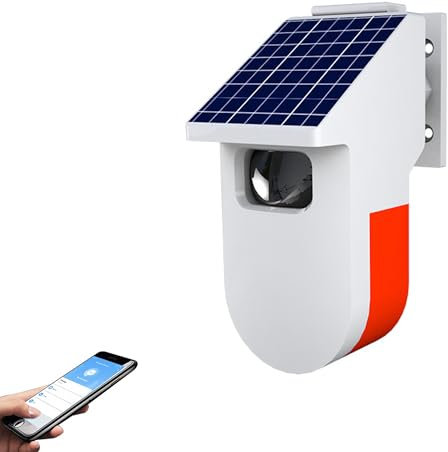 QXMH 【WiFi Solar Outdoor Bewegungsmelder Alarm】Tuya Solar Stroboskop Alarmleuchte mit Bewegungsmelder Sirene, 100dB Sound Sicherheit Sirene Licht & App Benachrichtigung
