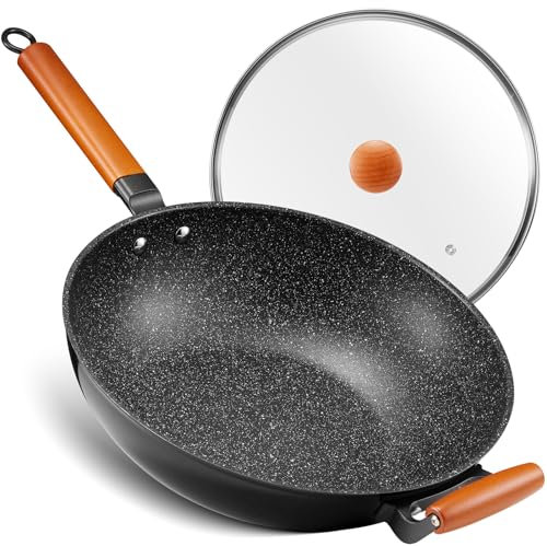 BEZIA Sartén wok de inducción con tapa, antiadherente, 33 cm, wok para asar con mango de madera, fondo plano, apta para todo tipo de fuegos, granito