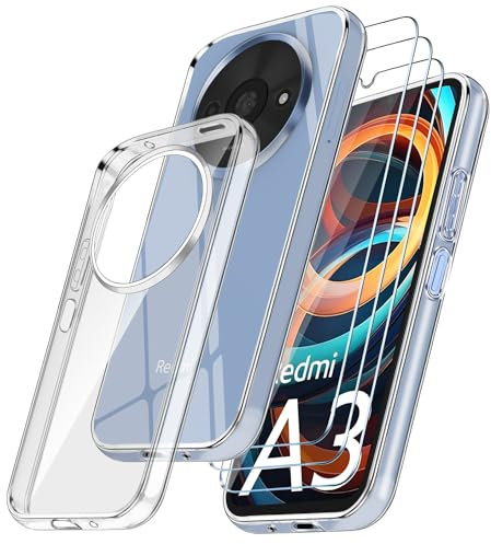 Ysjisy Coque Compatible avec Xiaomi Redmi A3 avec 3 Pièces Protection Écran en Verre Trempé, Housse Souple et Antichoc, Étui Transparent et Antijaune