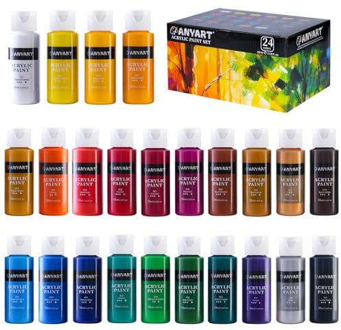 Anyart Set de Pinturas Acrílicas 24 Colores 59ml c/u Pintura Acrílica para Lienzo Papel Piedra Madera Cerámica Telas Impermeable Resistente a la Luz Secado Rápido Pintor Artista