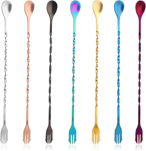 Cuillère à mélanger à manche long de 26 cm avec motif en spirale pour bar, cuillère à mélanger à cocktail en acier inoxydable, café, shaker à cocktail de bar 7 couleurs (7 pièces)