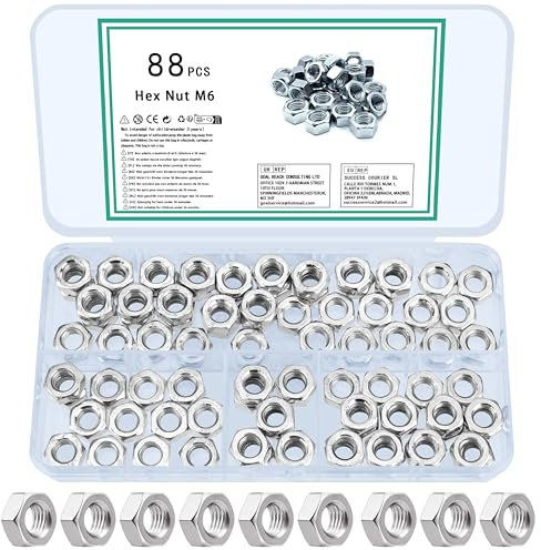 TOOINKCV 88 Piezas M6 Tuercas Hexagonales en Acero Al Carbono, Roscadas y de Seguridad, Métricas Autoblocantes y de Bloqueo Surtidas para Pernos y Tornillos