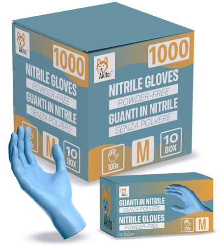 AKITAInk Guanti in Nitrile Blu senza polvere, senza lattice - Ipoallergenici, Resistenti, Ideali per Ambiti Medici e Alimentari per Estetisti, Tatuatori, Ambiti Medici, guanti per alimenti (1000, M)