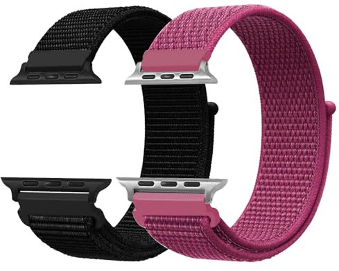 RYLIXAR 2 Pezzi Nylon Cinturino Compatibile con Apple Watch, Cinturino Sportivo Regolabile, Compatibile con iWatch Series 9 8 7 6 5 4 3 SE (Nero+ Melograno, 38mm/40mm/41mm)