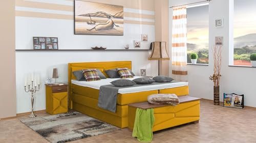 Boxspringbett Dion 140x200, VS-Gelb, 7-Zohnen Taschenfederkernmatratze, Ergoflex - Inklusive Aufbau - Deutscher Hersteller