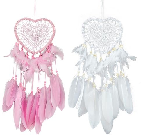 JSTHHTT 2 Stück Rosa und Weiß Traumfänger, Lovely Heart Shape Dreamcatcher, Wandbehang Feder Traumfänger, für Home Office Wand Fenster Tür Dekor Geburtstagsgeschenk