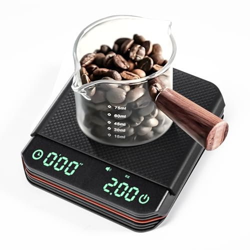 Carehabi Balanza Digital para Café con Temporizador, 0.1g Balanza Espresso de Alta Precisión, 2kg Mini Balanza para Café con Almohadilla Térmica de Silicona, Balanza de Cocina Recargable