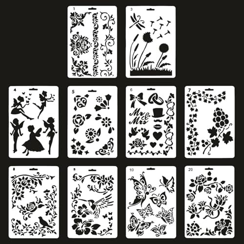 Pflanzenschablonen, 10 Stück Schablonen zum Basteln, wiederverwendbare Feenschablonen zum Malen, verschiedene Schablonen, Schmetterlingsschablone zum Malen, DIY-Kunsthandwerk, Scrapbook-Wanddekoration