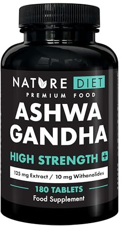 Ashwagandha High Strength PLUS | 125 mg Wurzelextrakt mit 10 mg Withanoliden | 180 vegane Tabletten | 6-Monats-Vorrat | Unterstützt Stress- und Angstabbau, besseren Schlaf | von Nature Diet