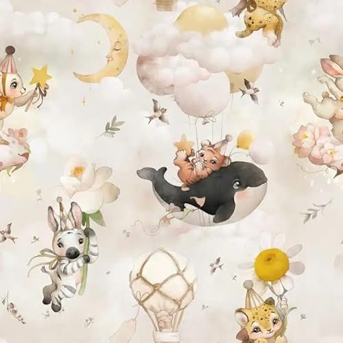 Kindertapete, Wolken Tiermuster, Motiv Mond und Sterne, Pastellfarben
