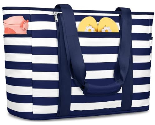 KTUEOV Sac de Plage XXL, Imperméable 45L Sac de Plage Famille 12 Poches Pratiques Cabas Plage Pliable Léger avec Fermeture Éclair Sacs Plage Femme Pour Piscine, Voyage, Gym