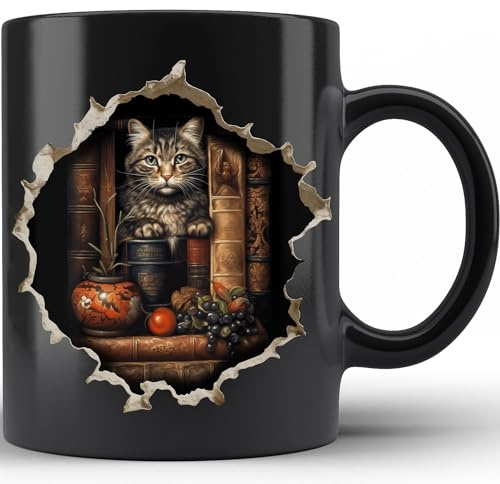Keramik Tasse 330Ml, 3D Bücherregal Wand Loch Bibliothek Katze Kreative Buch Fun Tassen Modern Teetassen Für Muttertag Kaffeeliebhaber Arbeit