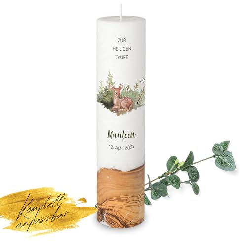 MOMENTU® Taufkerze personalisiert Holzelement Rehkitz Ø6 x 25 cm - [Docht] Taufgeschenk für Jungen und Mädchen, Waldlichtung, Natur, Reh, Rehbaby, selber machen gestalten, nachhaltige Rohstoffe