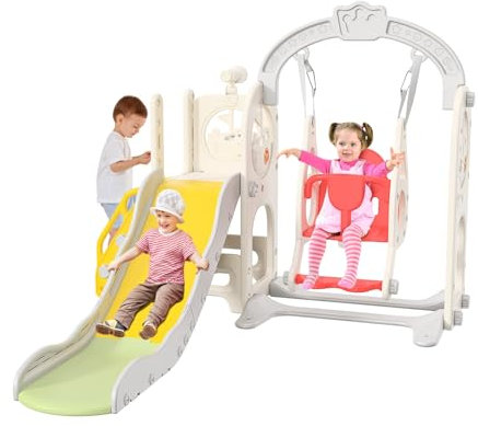 Toboggan Enfant 6 en 1 avec Balançoire, Toboggan avec Balançoire Réglable en Hauteur, Panier de Basket, Escalier,Télescope, Aire de Jeux Intérieure et Extérieure, Charge Max. 35 KG (6 en 1 Blanc)