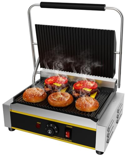 TAIMIKO 2200W Commercial Electric Panini Press, Professional Sandwich Maker With Grooved Contact Grill, Burger Toaster