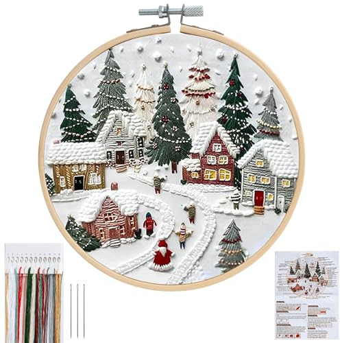 QEEYON Weihnachten Stickerei Set Erwachsene,Weihnachtenmuster Kreuzstich Stickset für Anfänger,Sticken-Schneelandschaft Dorf mit Stickrahmen,Farbfäden und Werkzeuge,für DIY Kunst