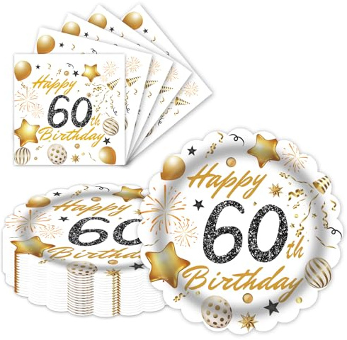 LDFDRT 9 Inch 60th Birthday Party Plates and Napkins 40PCS White and Gold Happy Birthday Plates and Napkins Disposable Cake Dessert Tableware Set for 20 Guests