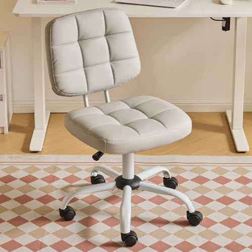 Bonnlo Armless Office Swivel Computer Desk Chair with Wheels, Height Adjustable Vanity Chair without Armrest, Dressing Table Stool for Small Space, Bedroom, PU Leather, Light Grey