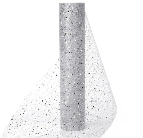 Muwodkdn Chemin de Table Non Tissé 30CM x 10Yards Organza Tulle Argent | Rouleau Bobine Ruban De Table Décoratif avec Paillettes Réutilisable pour Fête Anniversaire Mariage Noël Décoration Sapin