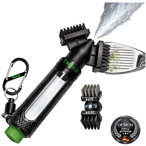 TwinX Premium Golfbürste mit Wassertank & Sprühfunktion Dual-Borstensystem für alle Golfschläger Bürste für Schlägerreinigung CaddieMag & Karabiner für Golftasche Golf Zubehör