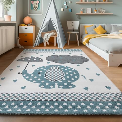 SIMPEX Teppich Rund Kinderzimmer Elefanten-Design Kurzflor Kinderteppich mädchen Spielteppich Modern Design Babyzimmer Teppiche für Junge und Mädchen Extra Weich 160 cm Rund