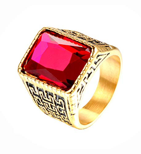 HIJONES Herren Gold Ton Graviert Edelstahl Ringe mit Juwel Stein Rubin Größe 62