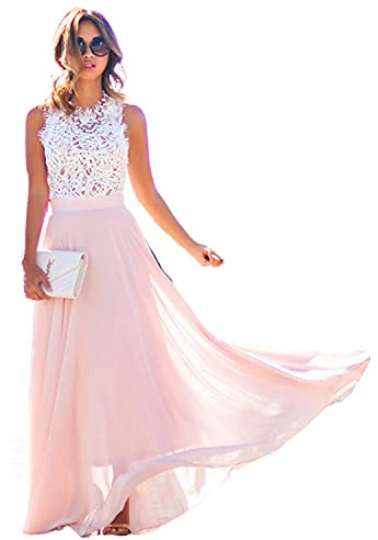 Loalirando Abito Donna Elegante Estivo Senza Manica Vestito Cerimonia in Pizzo Abito Lungo Vita Alta Abito alla Moda per Festa Compleanno Nozze Ragazza S-XXL (Rosa, Large)