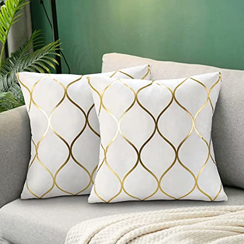Hanrunsi Samt Kissenbezüge 40x40cm Dekorative Weiße Sofakissen 2er Set Weiche Kissenbezüge Golden Lackiert Dekorative Dekokissenbezüge Weiß für Couch Wohnzimmer Bett