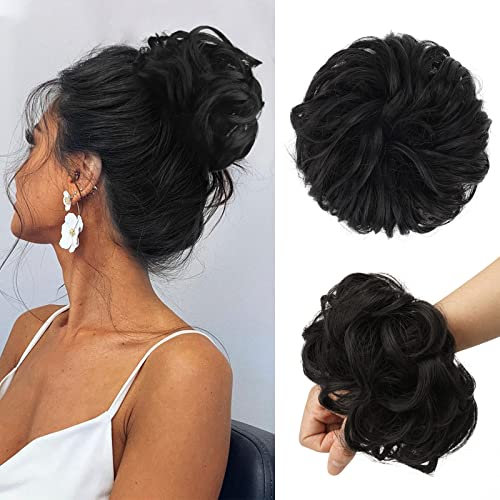 FESHFEN Haarteil Mit Gummiband, Groß Dutt Haarteil Haargummi Mit Haaren Gelockt Haardutt Synthetisch Haarverlängerung Pferdeschwanz Haarteile für Damen Mädchen, Natürliches Schwarz 55g