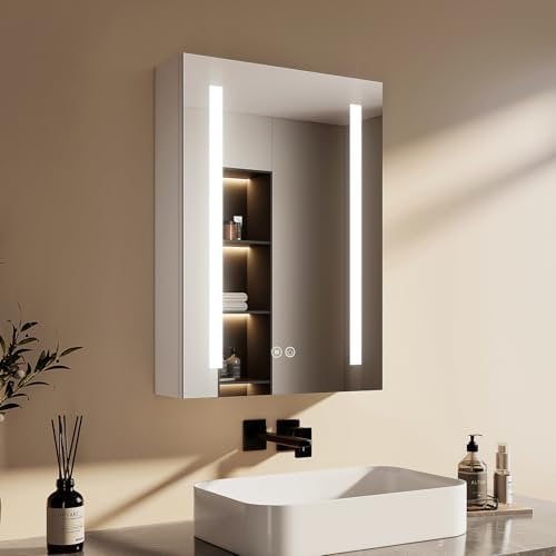 EMKE Spiegelschrank Bad mit Beleuchtung 50x70cm, Antibeschlag, 3 Lichtfarbe dimmbar, Steckdose, Spiegelschränke fürs Bad mit Glasablage, Speicherfunktion, Weiß doppelspiegel spiegelschrank