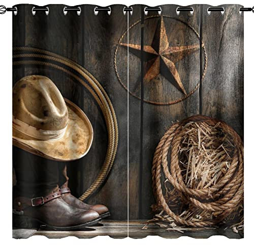 Kazynee Western Farmhouse Verdunklungsvorhänge, ultraweich, rustikale Cowboy-Lederstiefel, Texas-Sternhut auf Holz, wärmeisoliert, geräuschreduzierend, Terrassentür-Ösen, 2 Paneele (L x B) 84 x 42 cm,