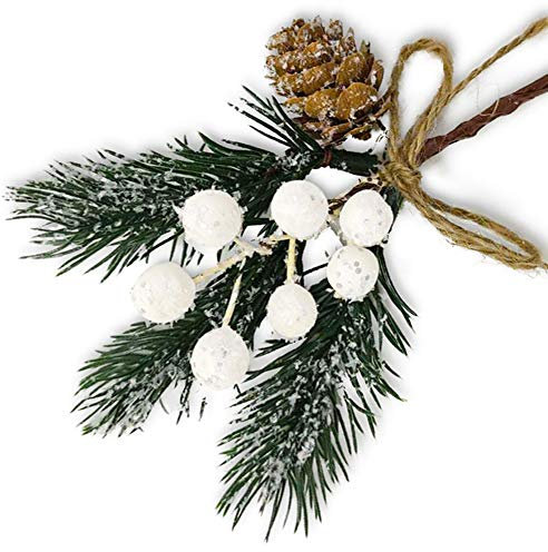 Morofme 8 púas artificiales de Navidad, tallos de bayas blancas de Navidad, ramas de pino, conos de acebo, spray de invierno, vacaciones, envoltura de regalo, adorno DIY