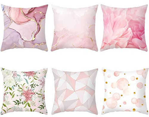 AMDXD 6Pcs Kissenbezüge 45x45cm, Rose Weiß Loungekissenset in Polyester mit Punktmuster Marmor Textur Blütenblatt Blumen Muster für Garten Bänke Cafés, Bequem Haus Dekoration