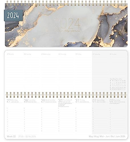 Internationaler Wochen-Tischkalender 2024 im Quer-Format [Grey Marble] 1 Woche 2 Seiten | Wochenkalender 29,5 x 10,5 cm | mehrsprachiger Schreibtisch-Kalender | nachhaltig & klimaneutral