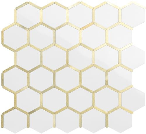 DICOFUN 3mm Hexagon Self Adhesive Wall Tiles, Polished White Tile Mixed Gold Metal Chip Stick on Tile, Splashback Tile Stickers for Kitchen & Bathroom (10 Tiles)