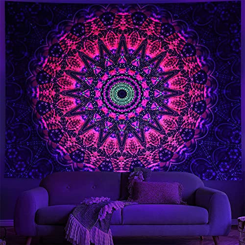 Ricemru Wandteppich Mandala Schwarzlicht 150x100 Liebe UV Reaktiv Wandbehang Psychedelic Trippy Wandtuch Fantasy Indisch Hippie Wanddeko Tapestry Wandkunst Deko,150x100