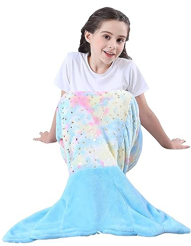 softan Kinder Meerjungfrau Schwanz Decken, Flanell Fleece Meerjungfrau Schwanz Decke mit Silber glänzenden Sternen Design, kleine Meerjungfrau Geschenke für Mädchen - 100 x 43 cm