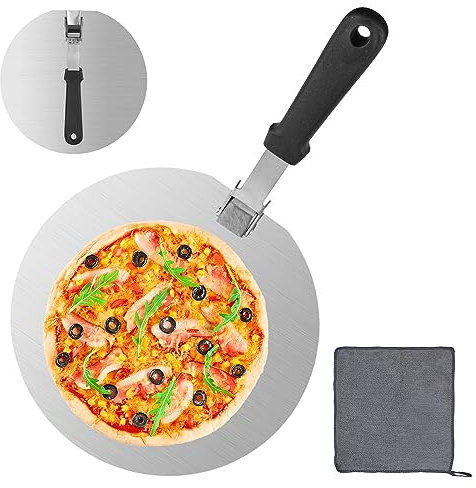 Kleemeiero Pala para Pizza Horno 25,5cm/10 Pulgadas Pala de Pizza Redonda con Asa Plegable y 1 Toalla, Pala Pizza Profesional de Acero Inoxidable Espátula para Pizza Paleta para Pizza, Pan y Pastel