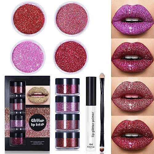 Kawaii Kisses Glitter Lip Kit, 4 Colors Lip Gloss Set, Lip Stain Long Lasting, Glitter Eyeshadow, Lip Gloss Making Kit, Waterproof Smudge Proof (1 set red series)
