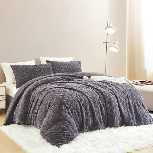 Nayoroom Bettwäsche Flanell 220x240 Winter Warme Biber Bettbezug Flauschig Fleece Cashmere Touch Plüsch Winterbettwäsche Set mit Reißverschluss - 220 x 240 + 2 x 80 x 80 cm Grau